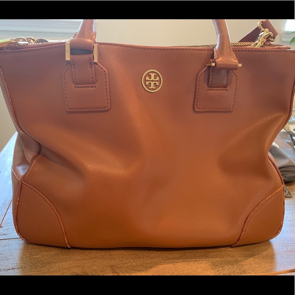 Tory Burch Double Zip Leather Satchel.